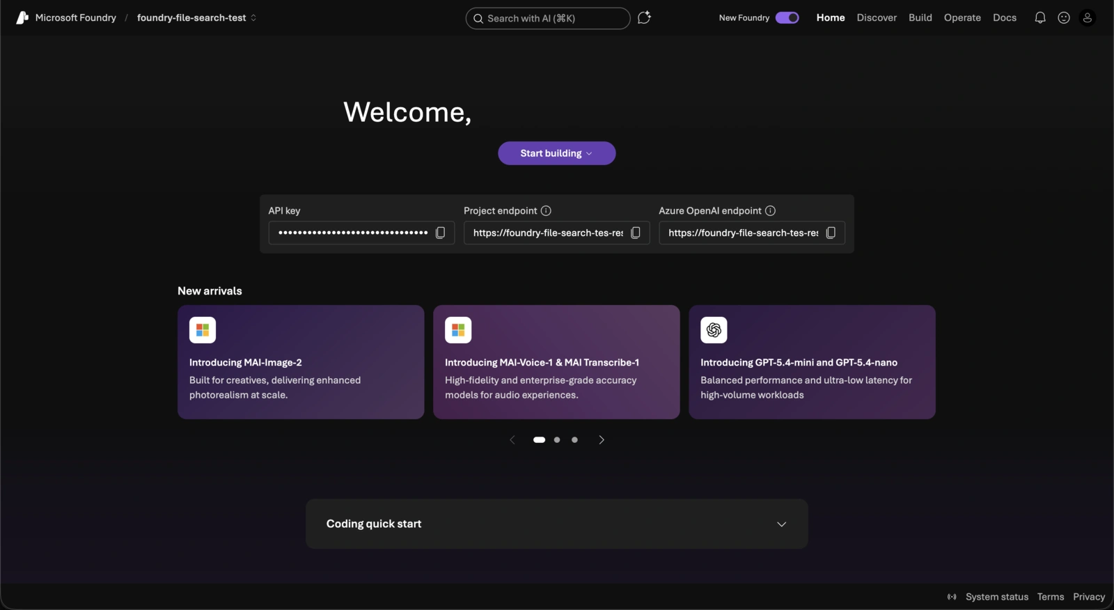Microsoft Foundry project home page showing API key, project endpoint, and Azure OpenAI endpoint fields