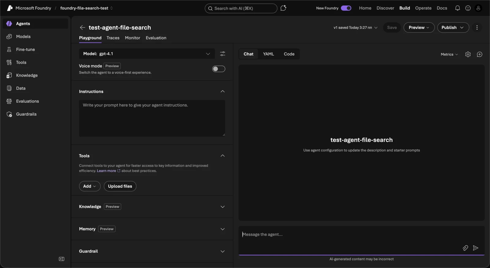 Microsoft Foundry agent playground with agent name, model selection, instructions, tools and knowledge sections