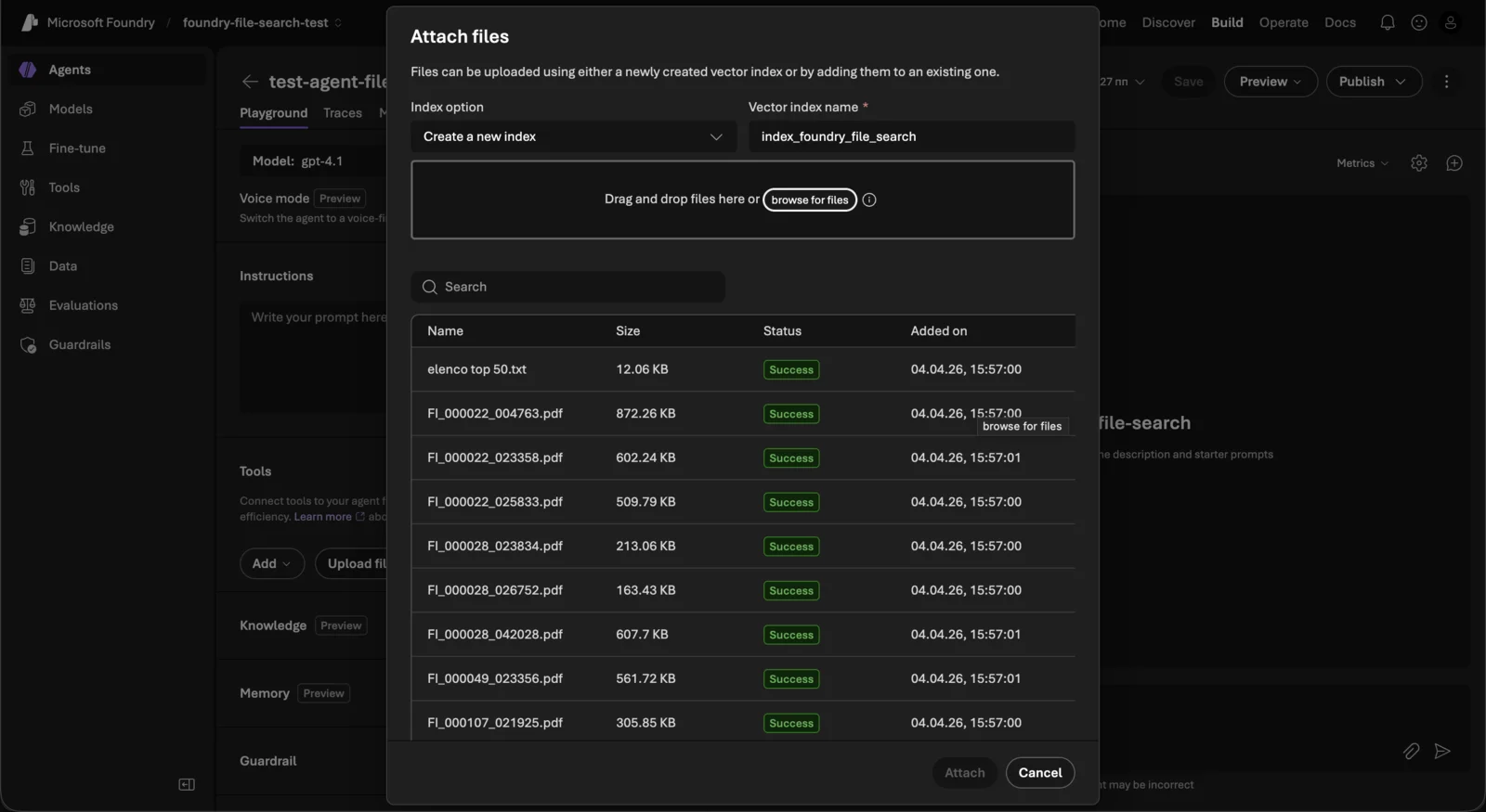 Microsoft Foundry Attach files dialog showing uploaded files with green Success status