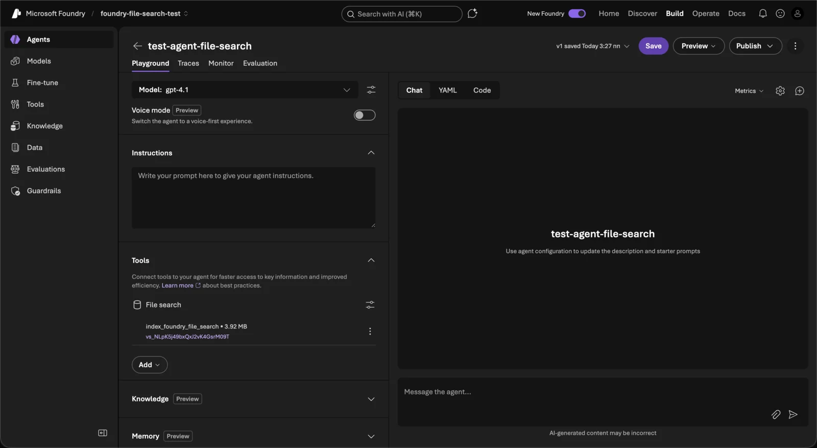 Microsoft Foundry agent configuration with File search tool attached and vector index name visible