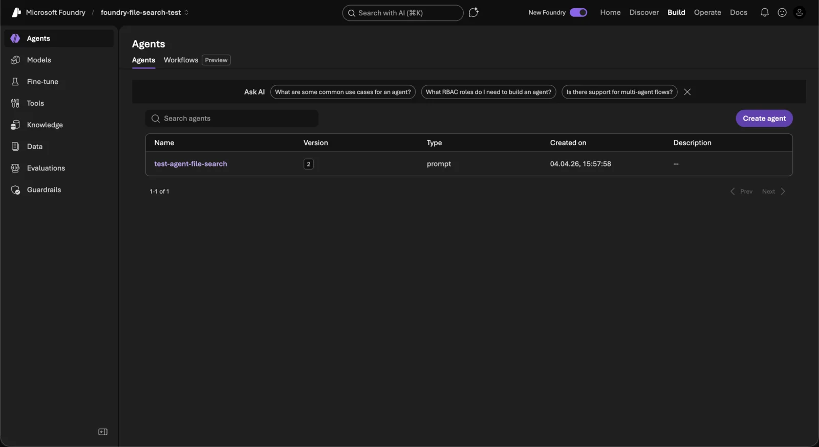 Microsoft Foundry agents list showing agent name, version, type and creation date columns