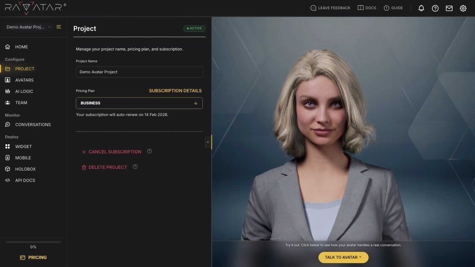 Genesis Studio AI avatar configuration wizard for new active project