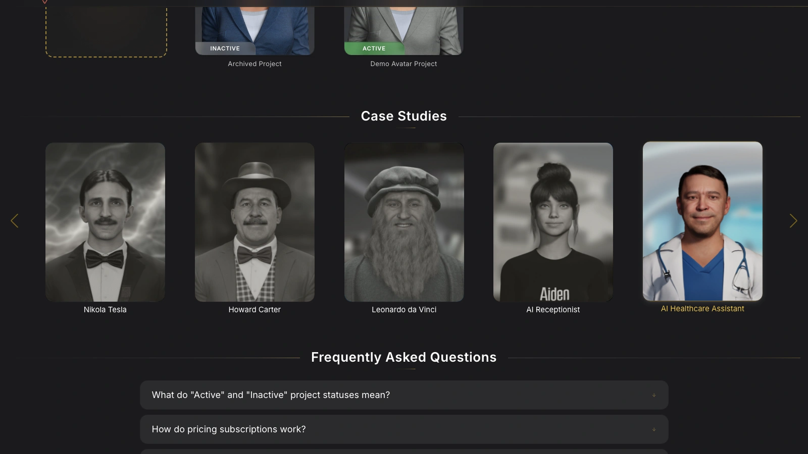 Genesis Studio case studies section with linked AI avatar implementation cards