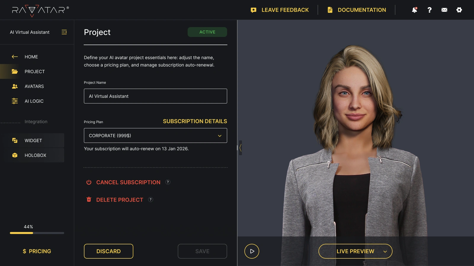 Genesis Studio AI avatar configuration wizard for project setup