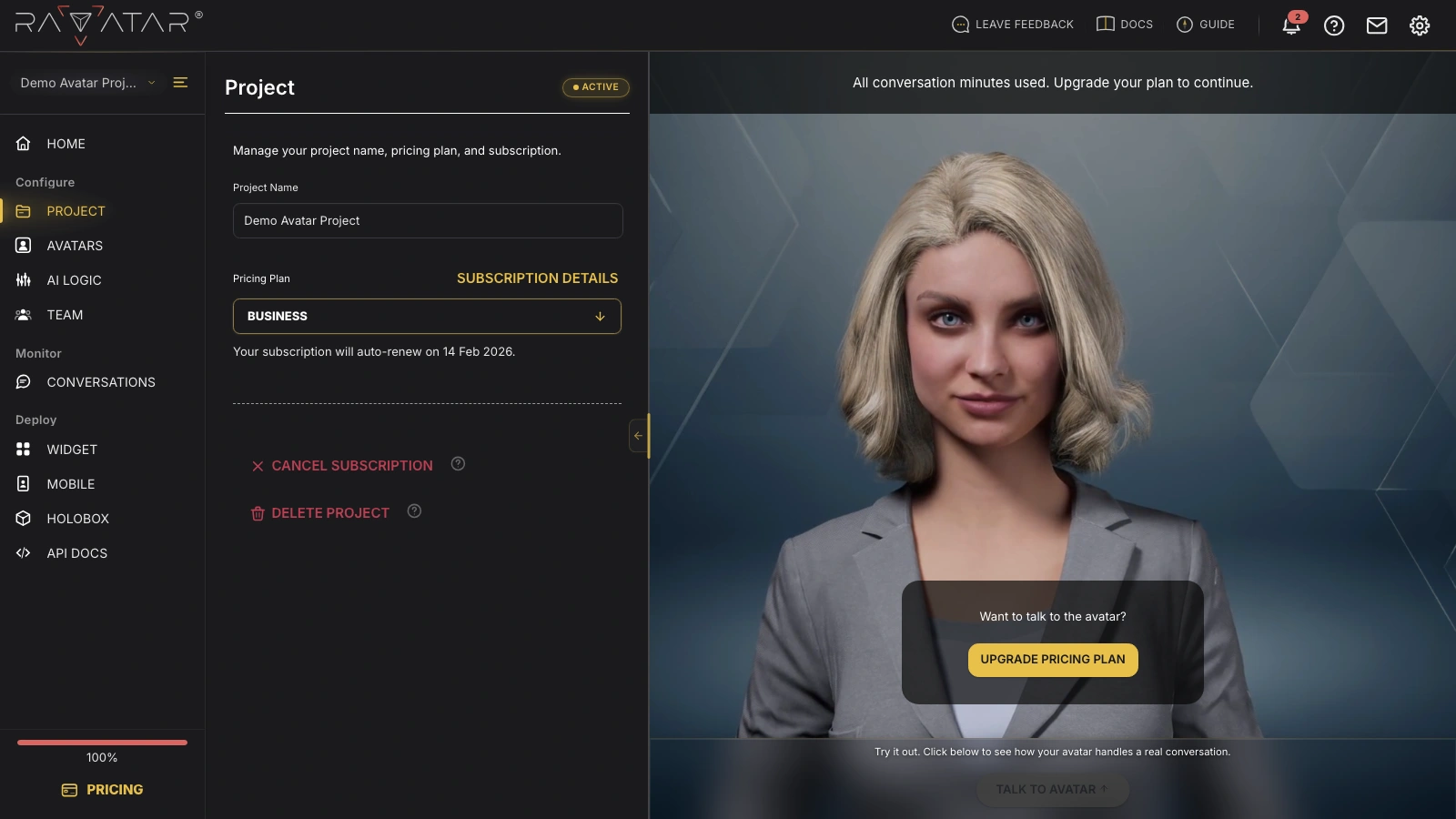 Genesis Studio AI avatar preview pane with the all conversation minutes used notice