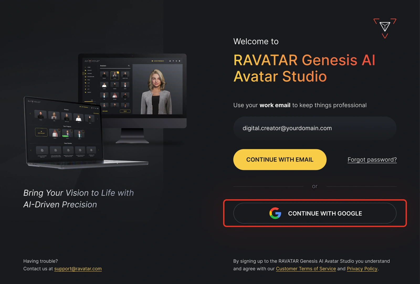 Genesis Studio AI avatar generator Google login option