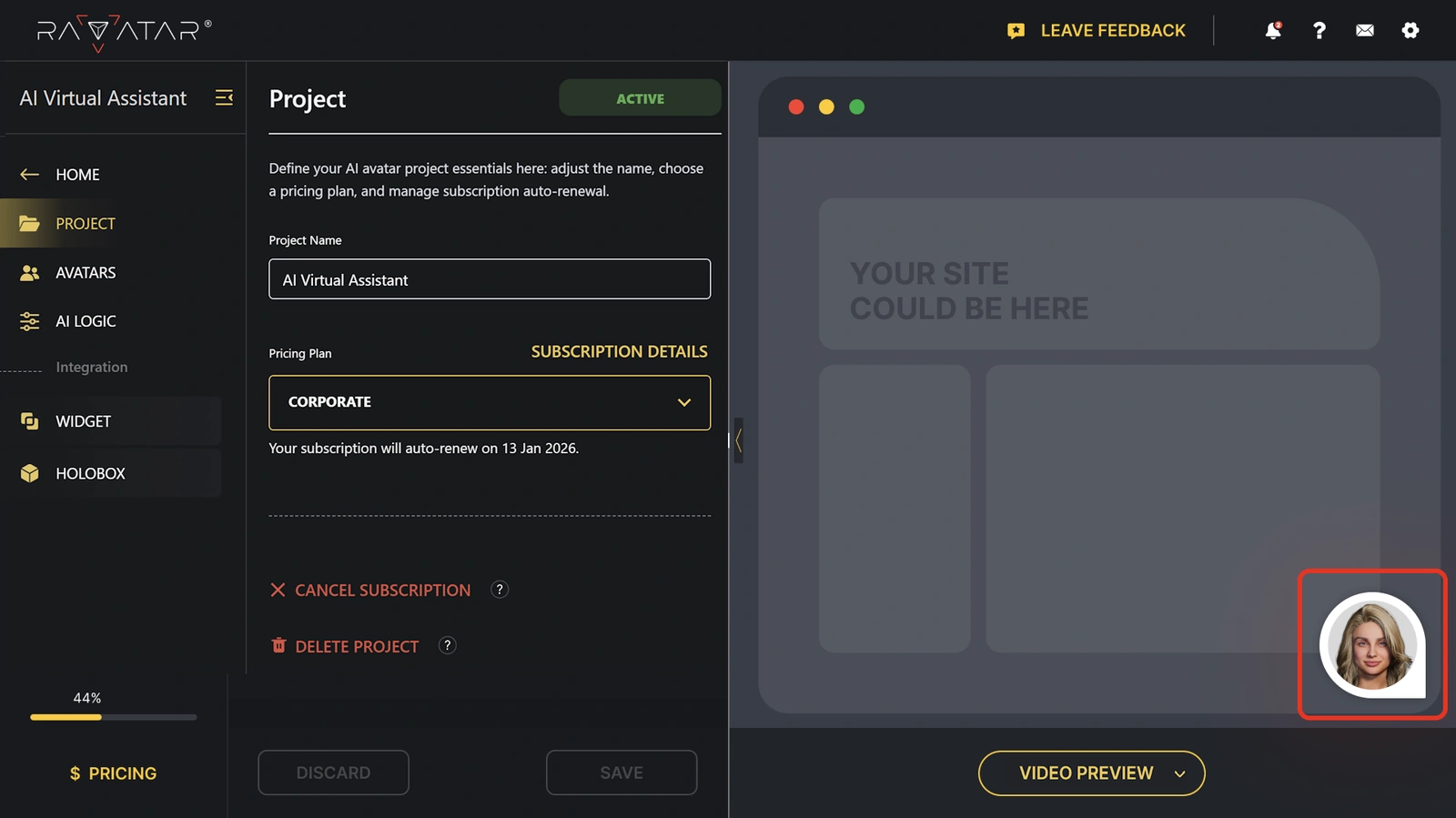 Genesis Studio AI avatar integrated website widget preview