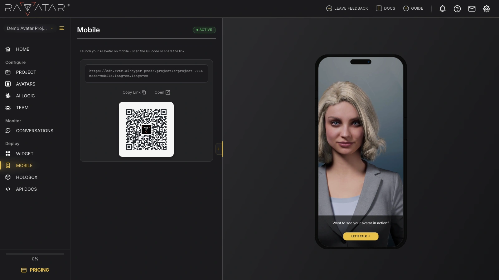 Genesis Studio AI avatar mobile integration with shareable link and QR code