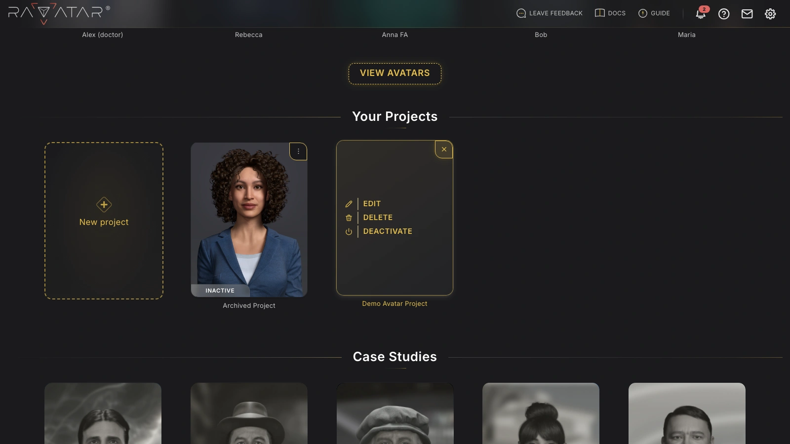 Genesis Studio project tile menu with the Edit, Delete and Deactivate options