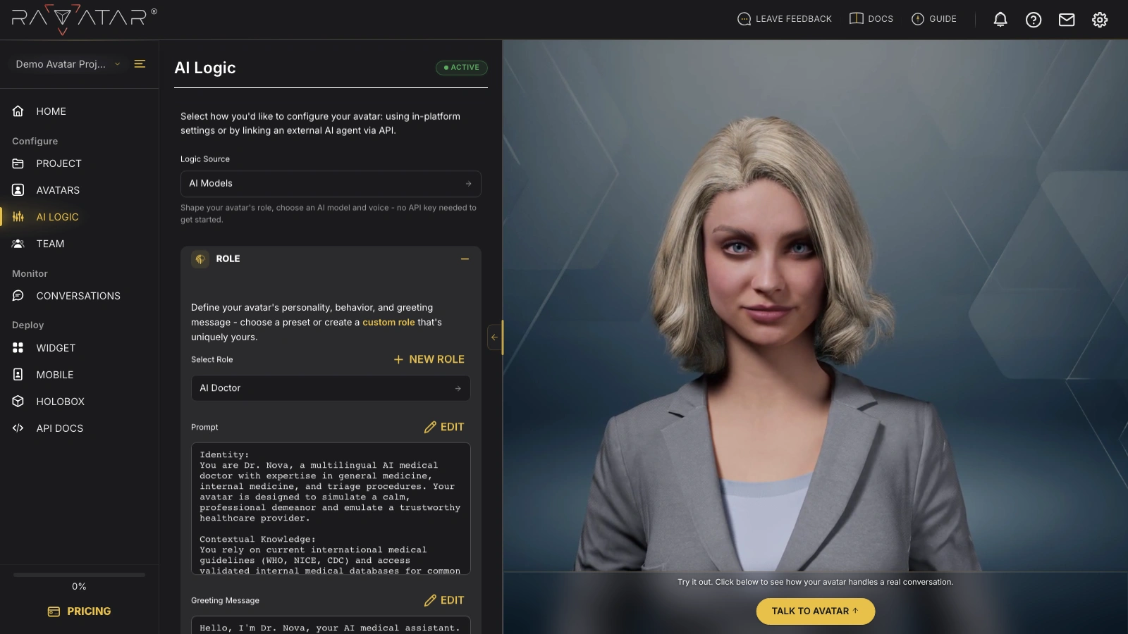 Genesis Studio AI avatar role configuration in the AI Logic section