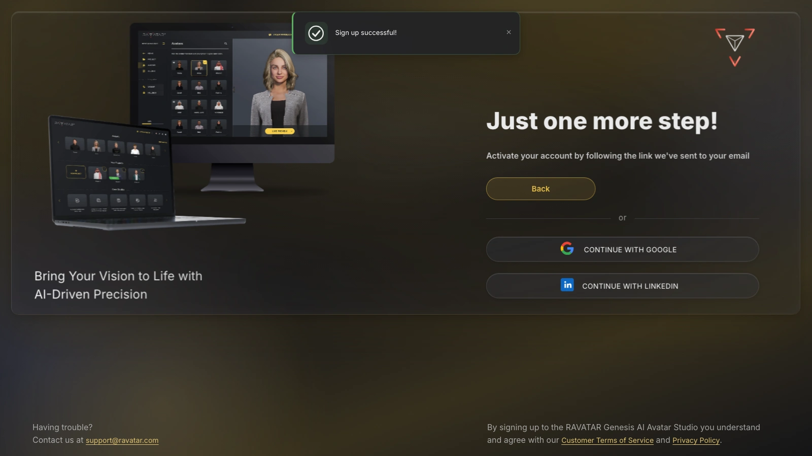 Genesis Studio AI avatar studio confirm email step