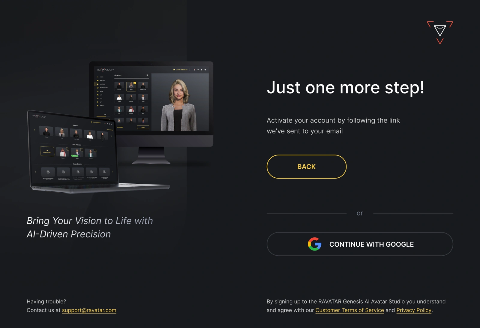 Genesis Studio AI avatar studio confirm email step