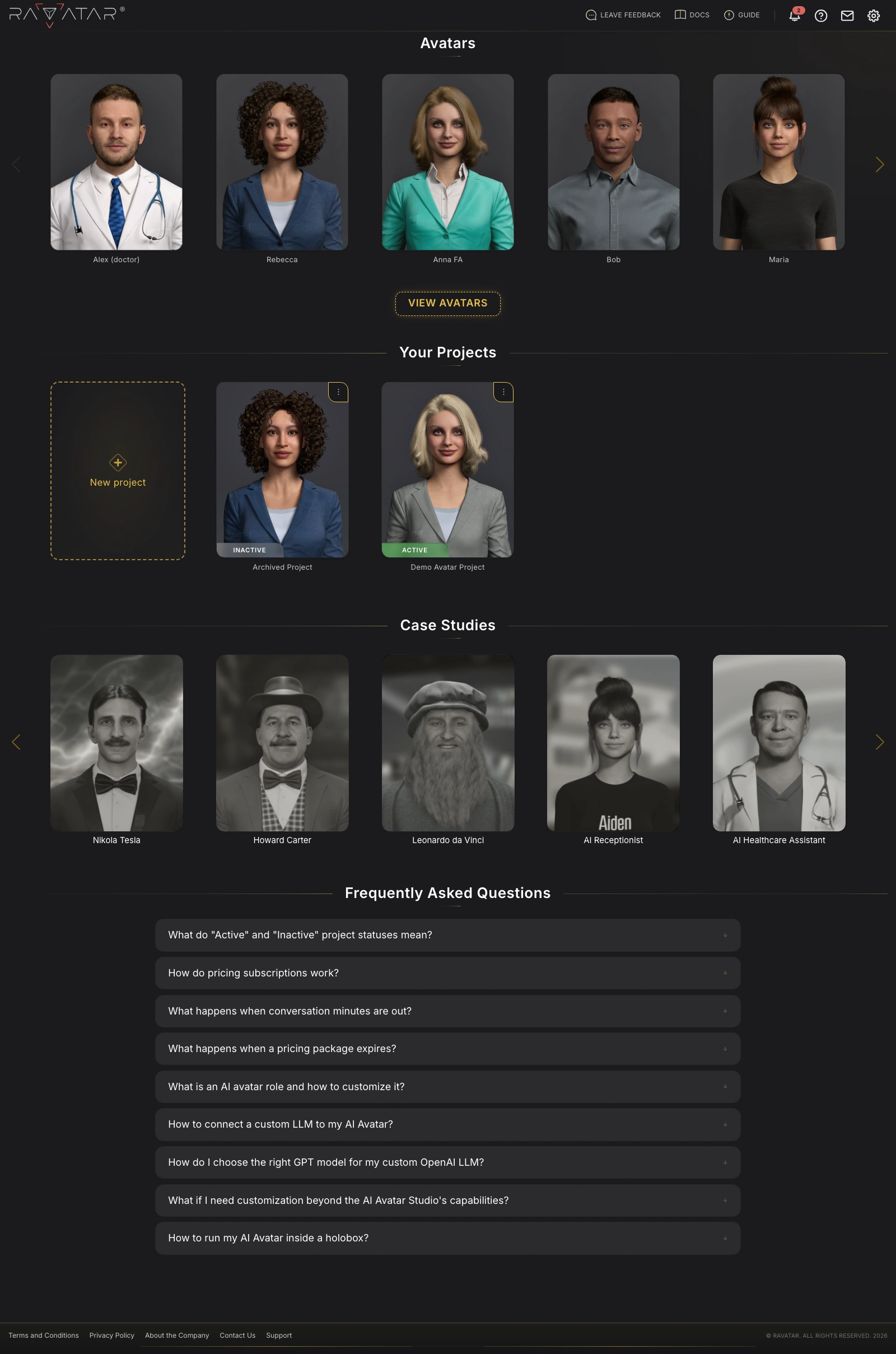 Genesis Studio dashboard overview with the avatars carousel, projects pane, case studies and FAQ