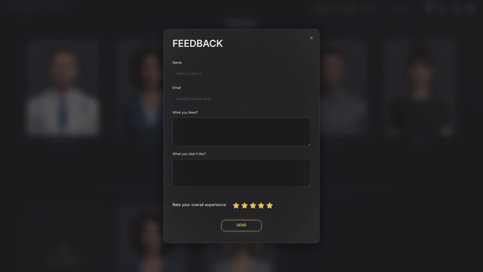 Genesis Studio feedback window with rating stars and comment fields