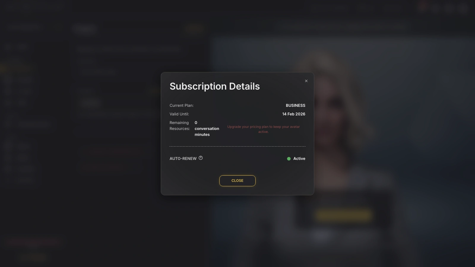 Genesis Studio Subscription Details modal with zero remaining conversation minutes