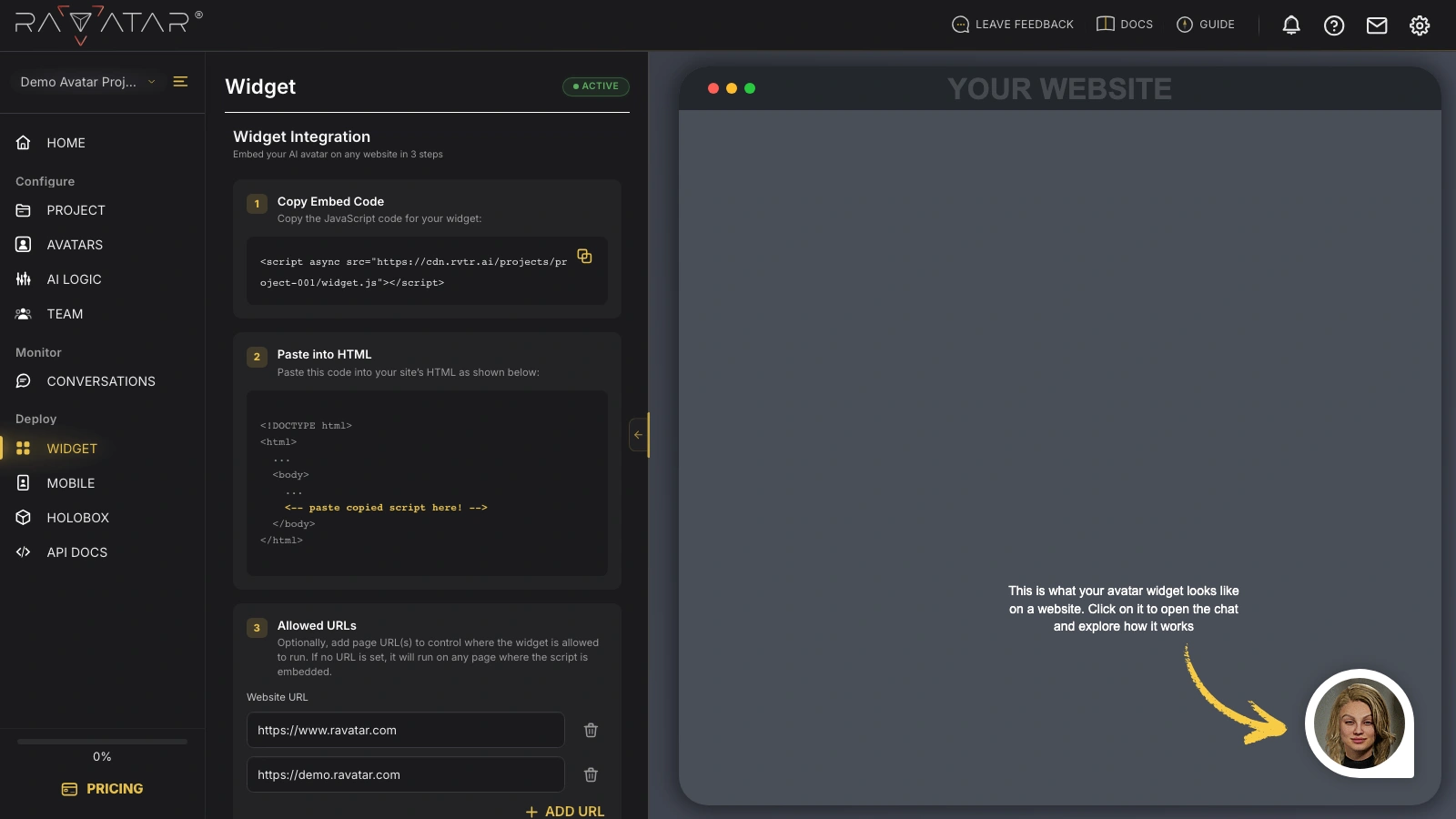 Genesis Studio AI avatar widget integration with embed code, allowed URLs, and website preview