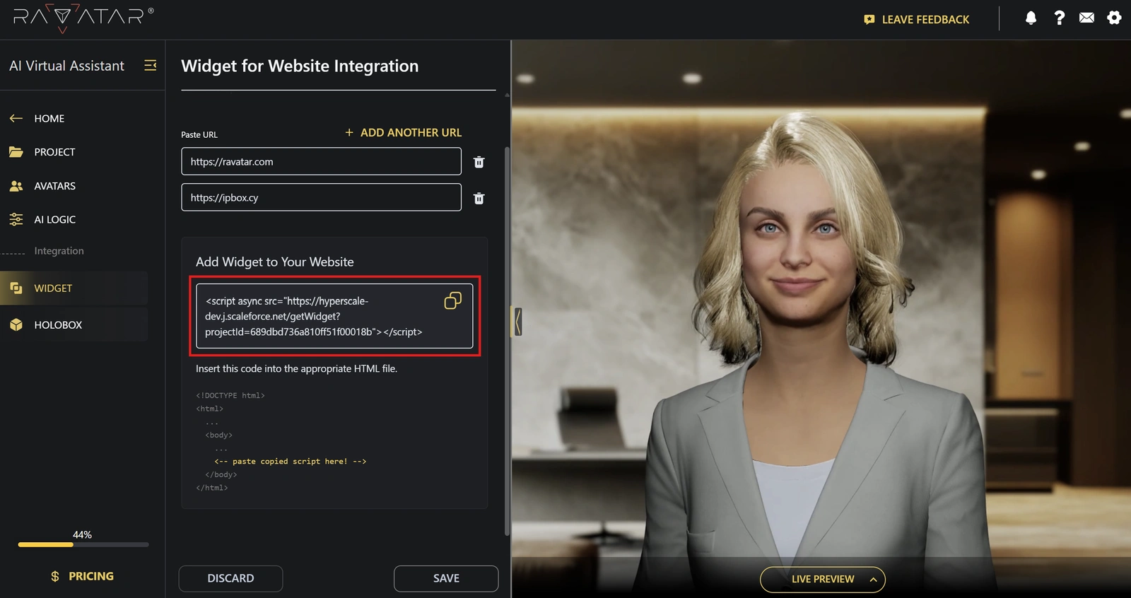 Genesis Studio AI avatar widget integration code for website