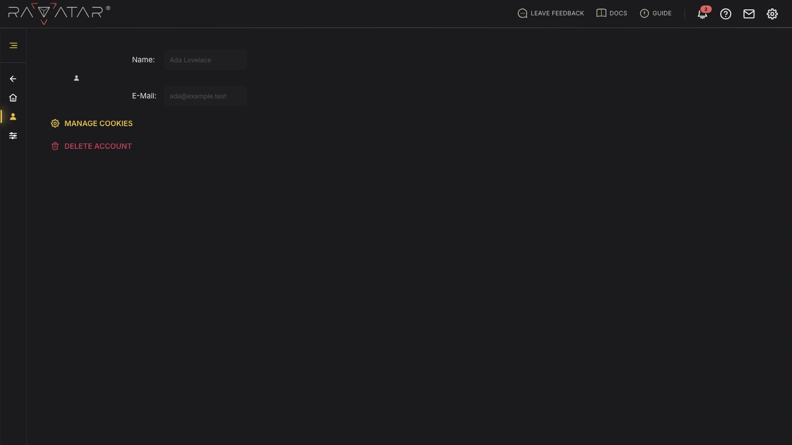 Genesis Studio My Account page with profile details, Manage Cookies and Delete Account options