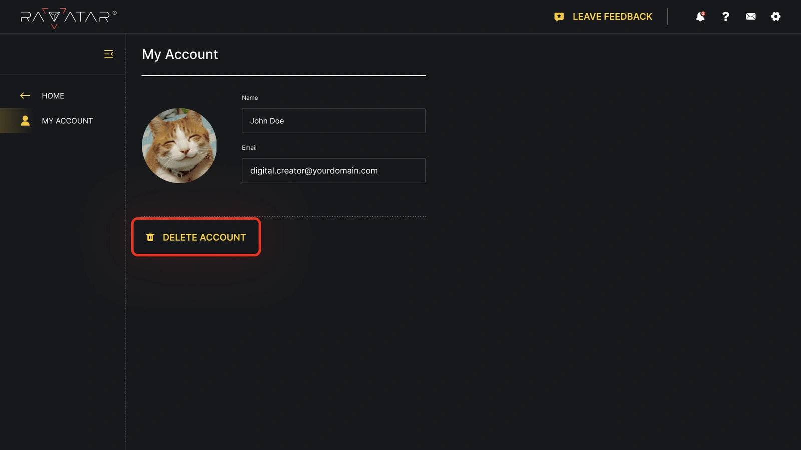 My Account section of the Genesis Studio dashboard showing a user profile. A large yellow Delete Account button with a trash can icon is prominently displayed below the profile information.