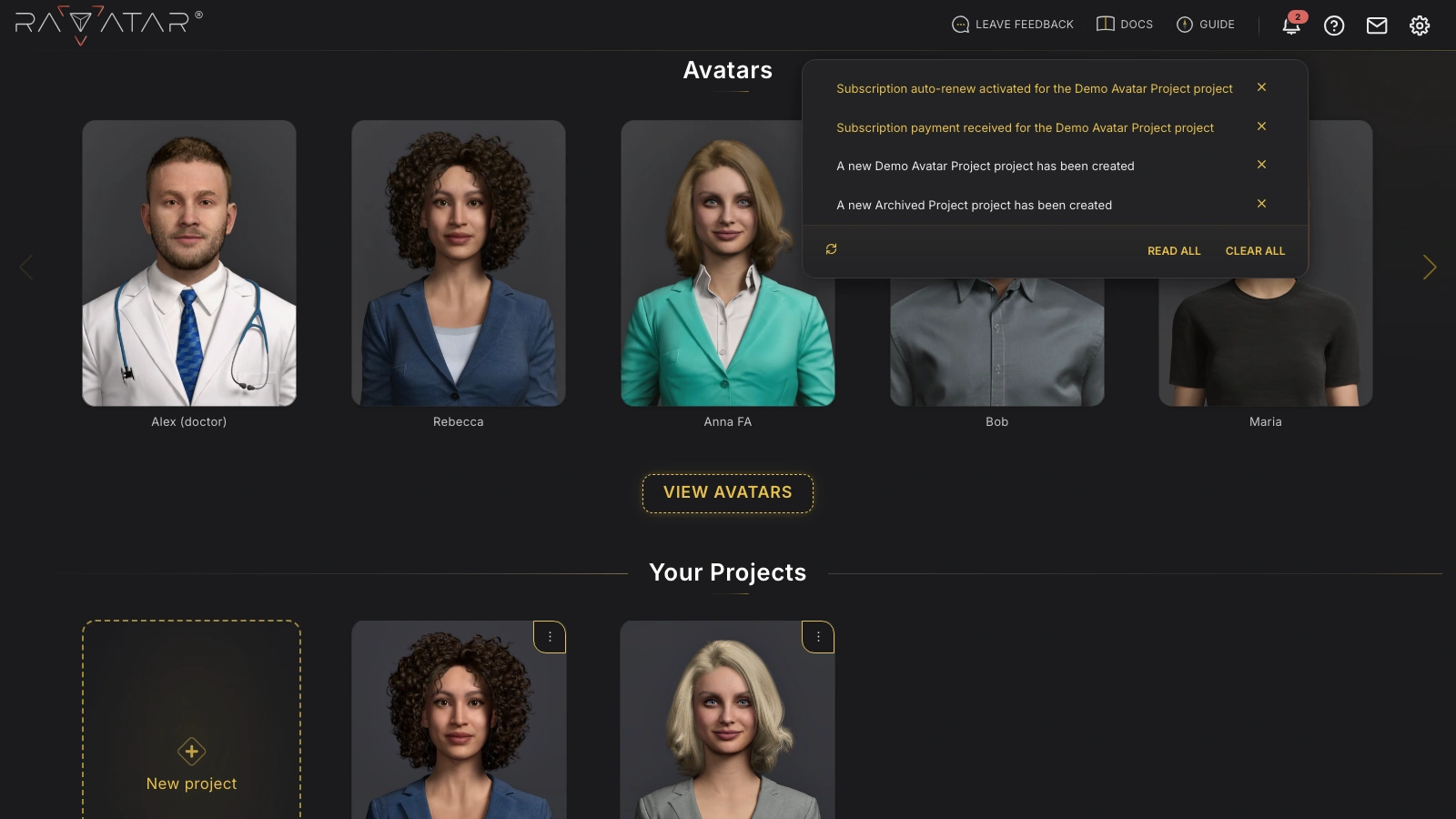 Genesis Studio notifications panel listing project and subscription messages