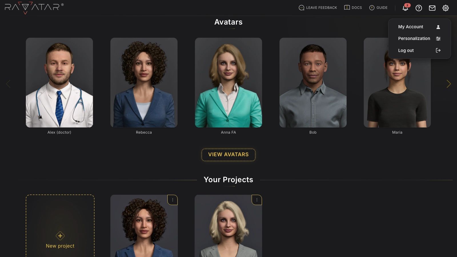 Genesis Studio settings menu with My Account, Personalization and Log out options