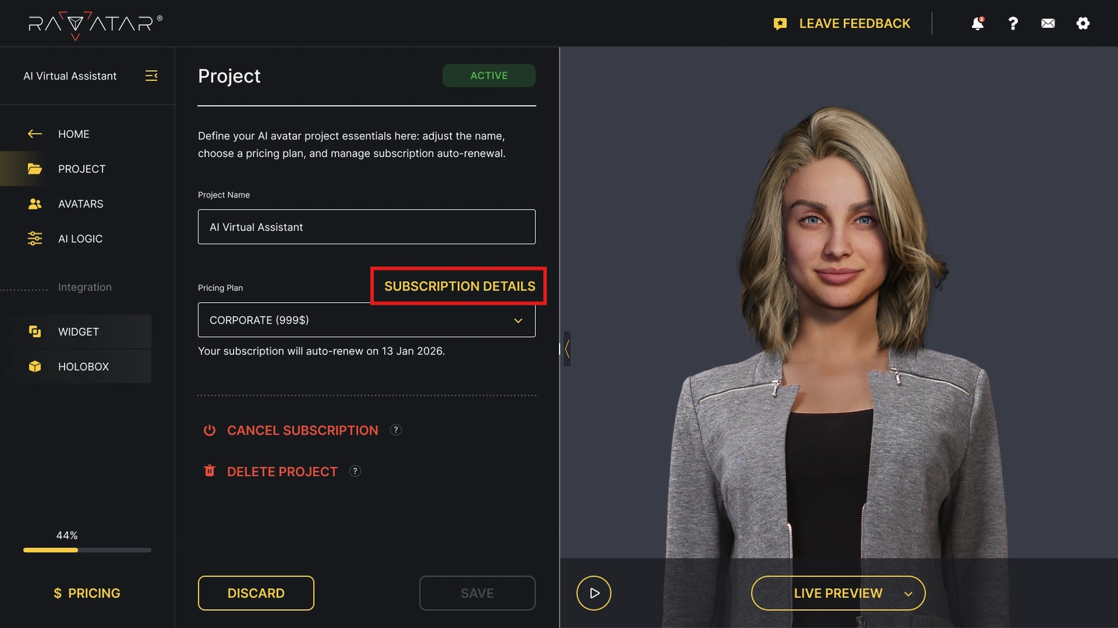 AI Avatar Subscription Details