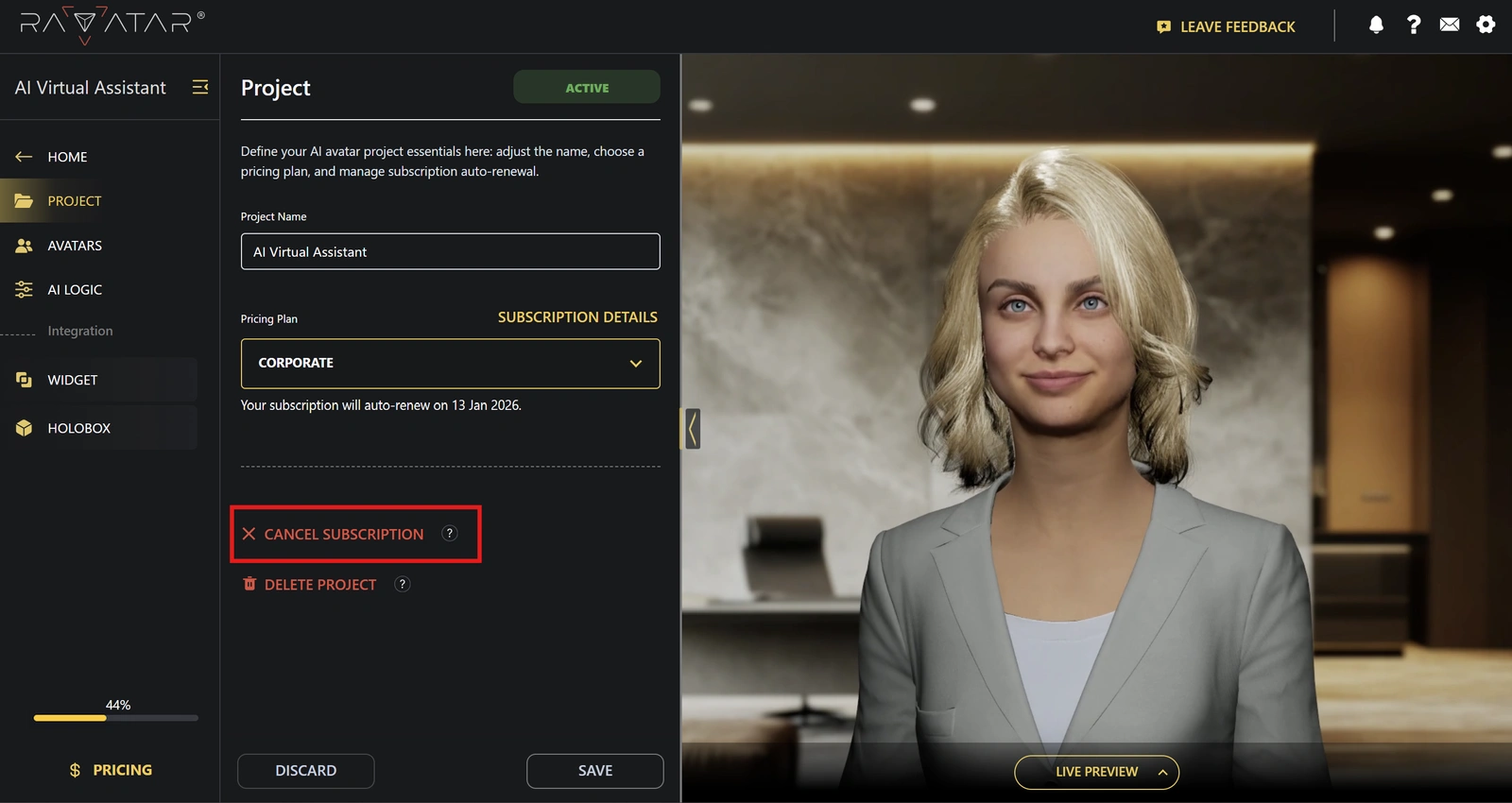 Genesis Studio cancel AI avatar subscription button in billing settings