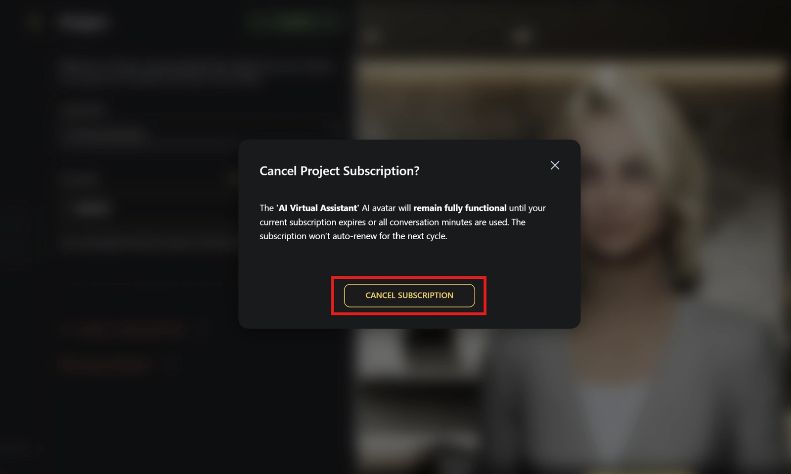 Genesis Studio cancel AI avatar subscription confirmation popup