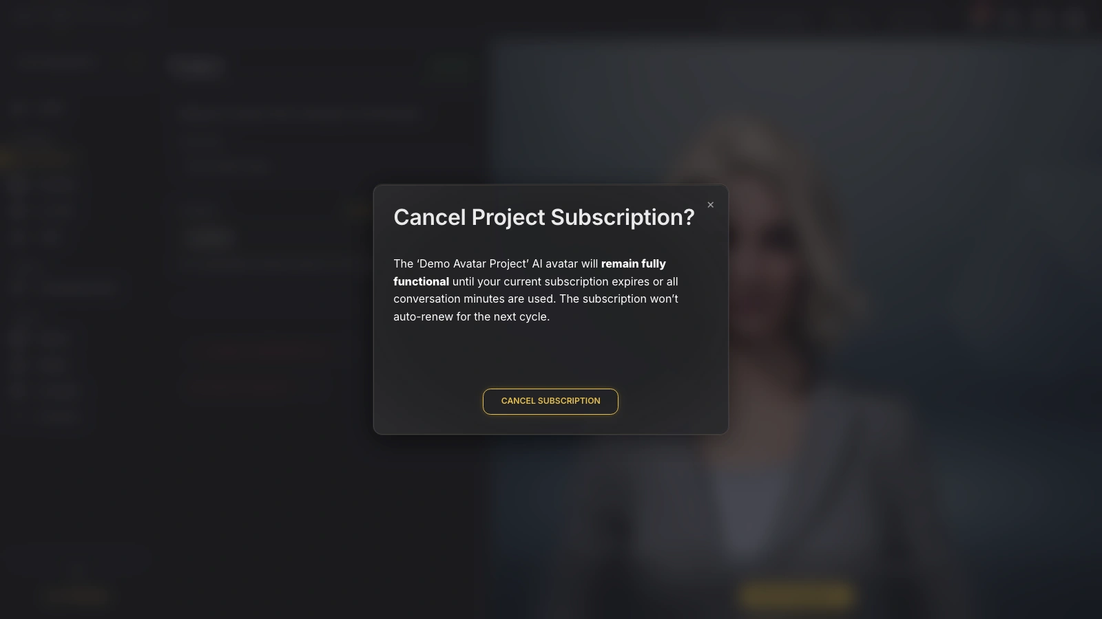 Genesis Studio cancel AI avatar subscription confirmation popup