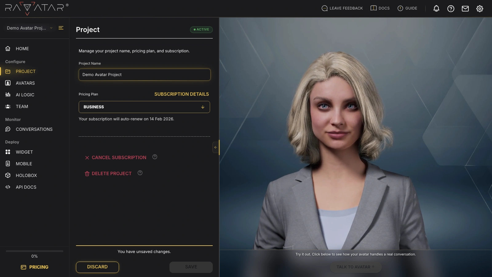 Genesis Studio change AI avatar project name in configuration wizard