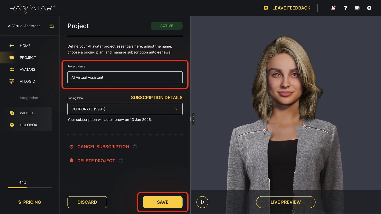 Genesis Studio change AI avatar project name in configuration wizard