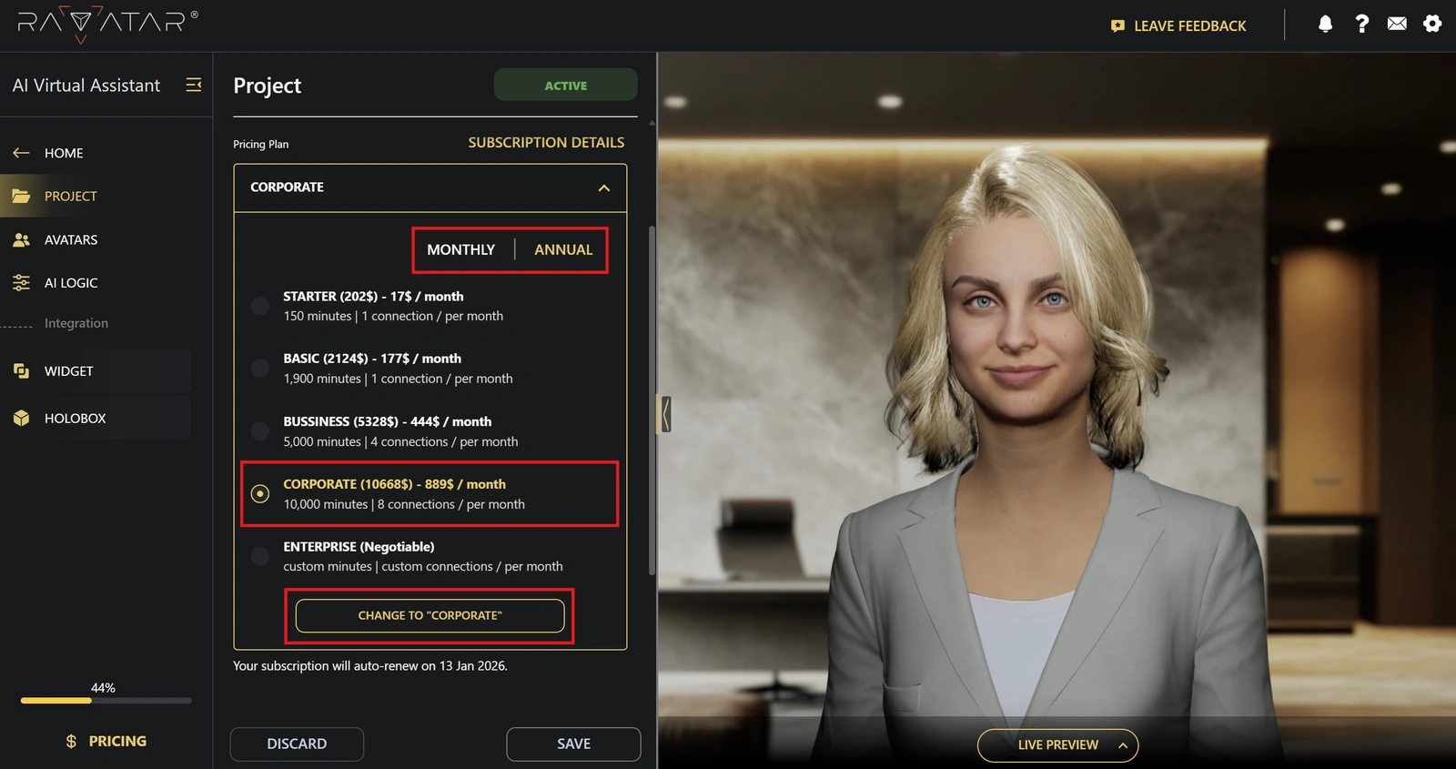 Genesis Studio change AI avatar project pricing plan in configuration wizard