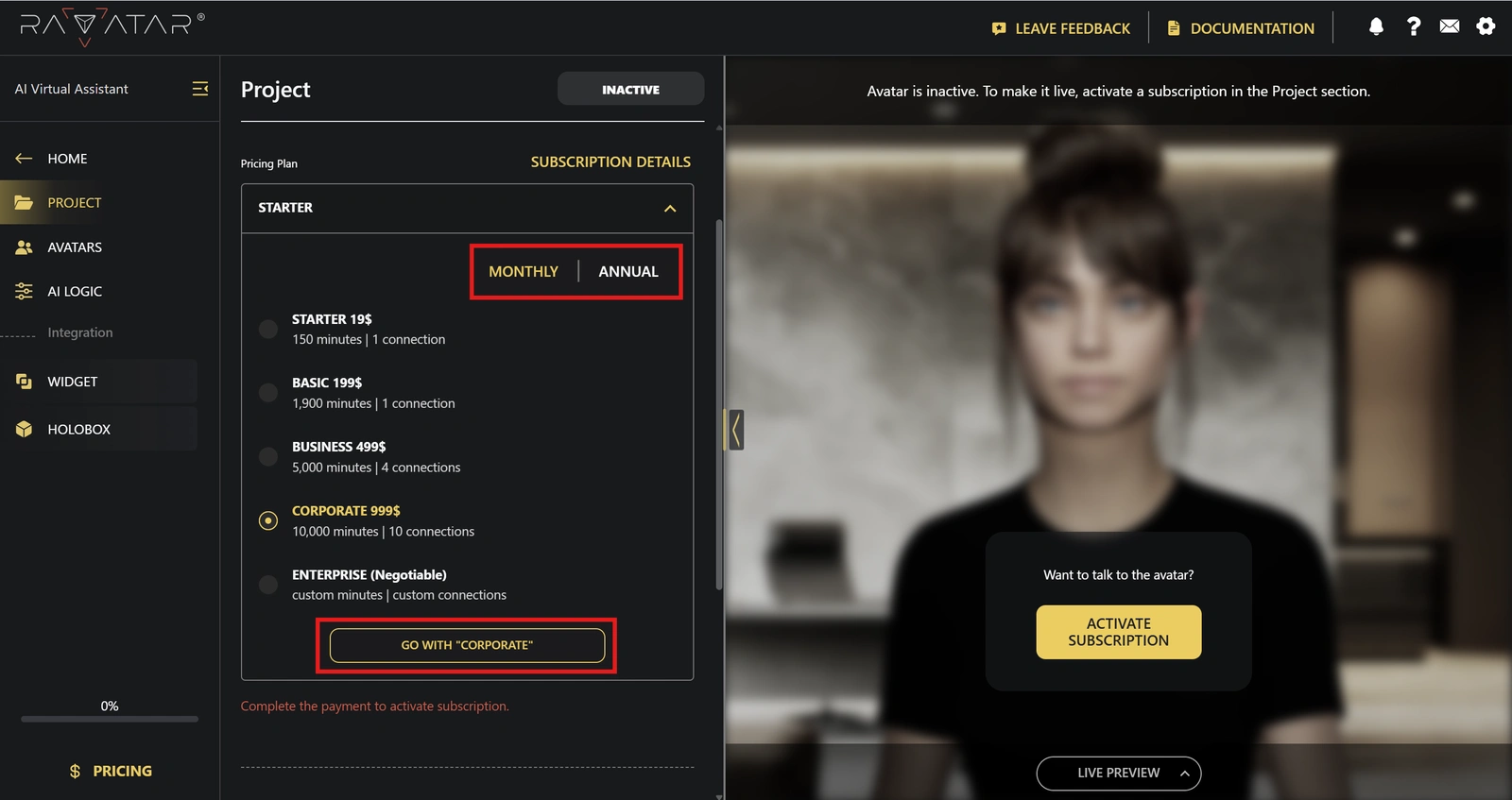 Genesis Studio choose AI avatar pricing plan for new project