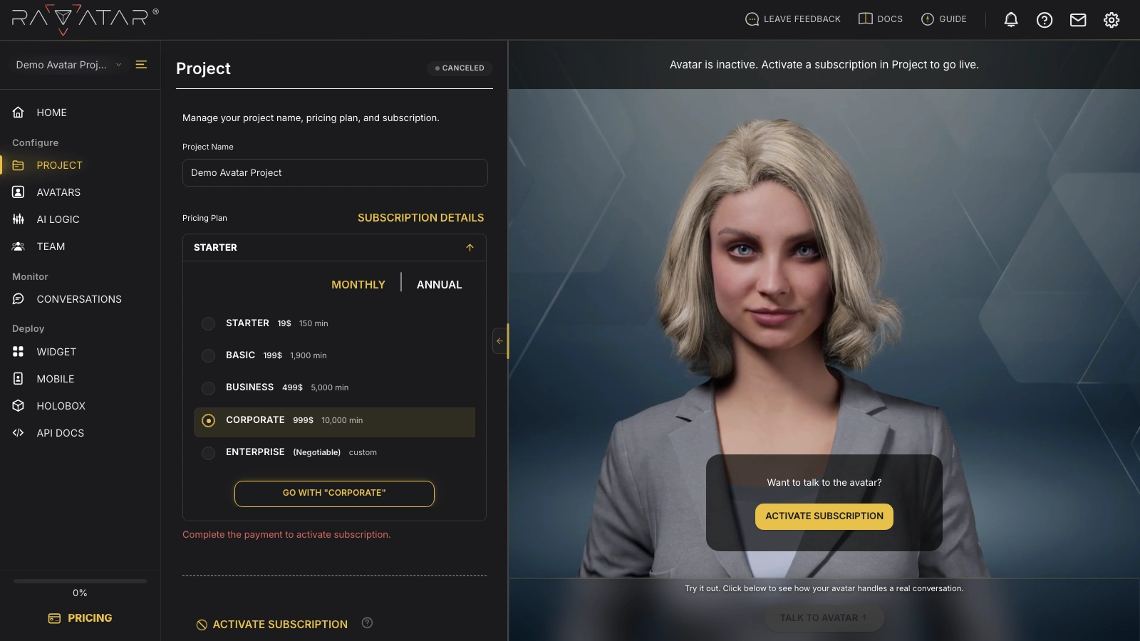 Genesis Studio choose AI avatar pricing plan for new project