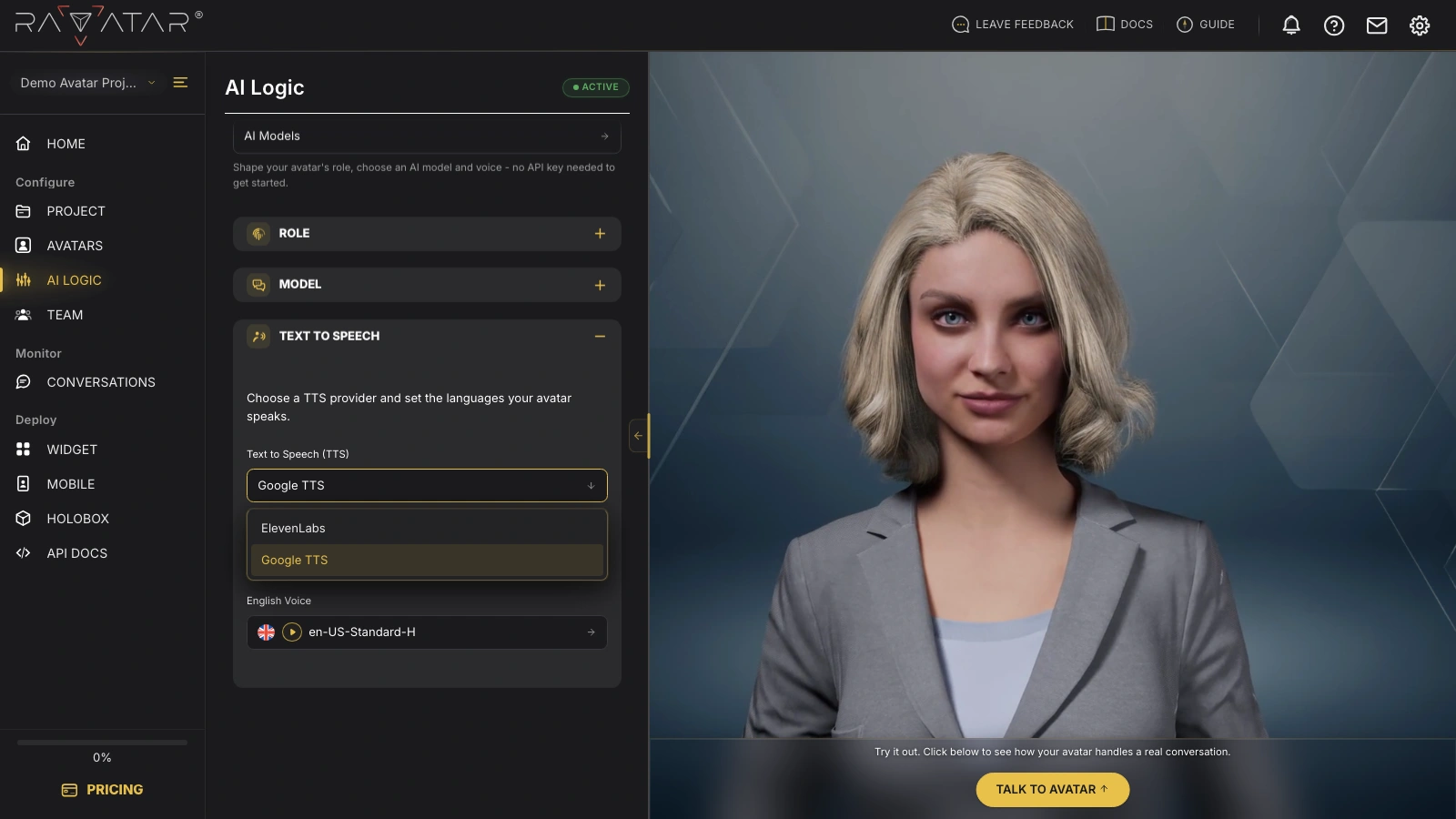Genesis Studio choose text to speech provider for AI avatar