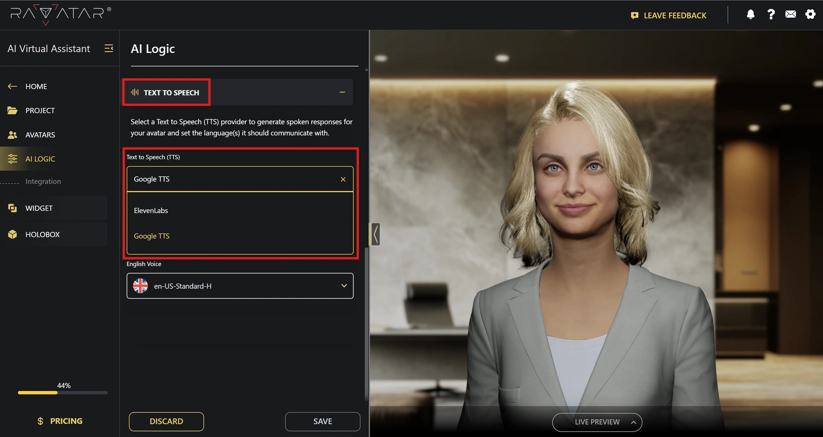 Genesis Studio choose text to speech provider for AI avatar