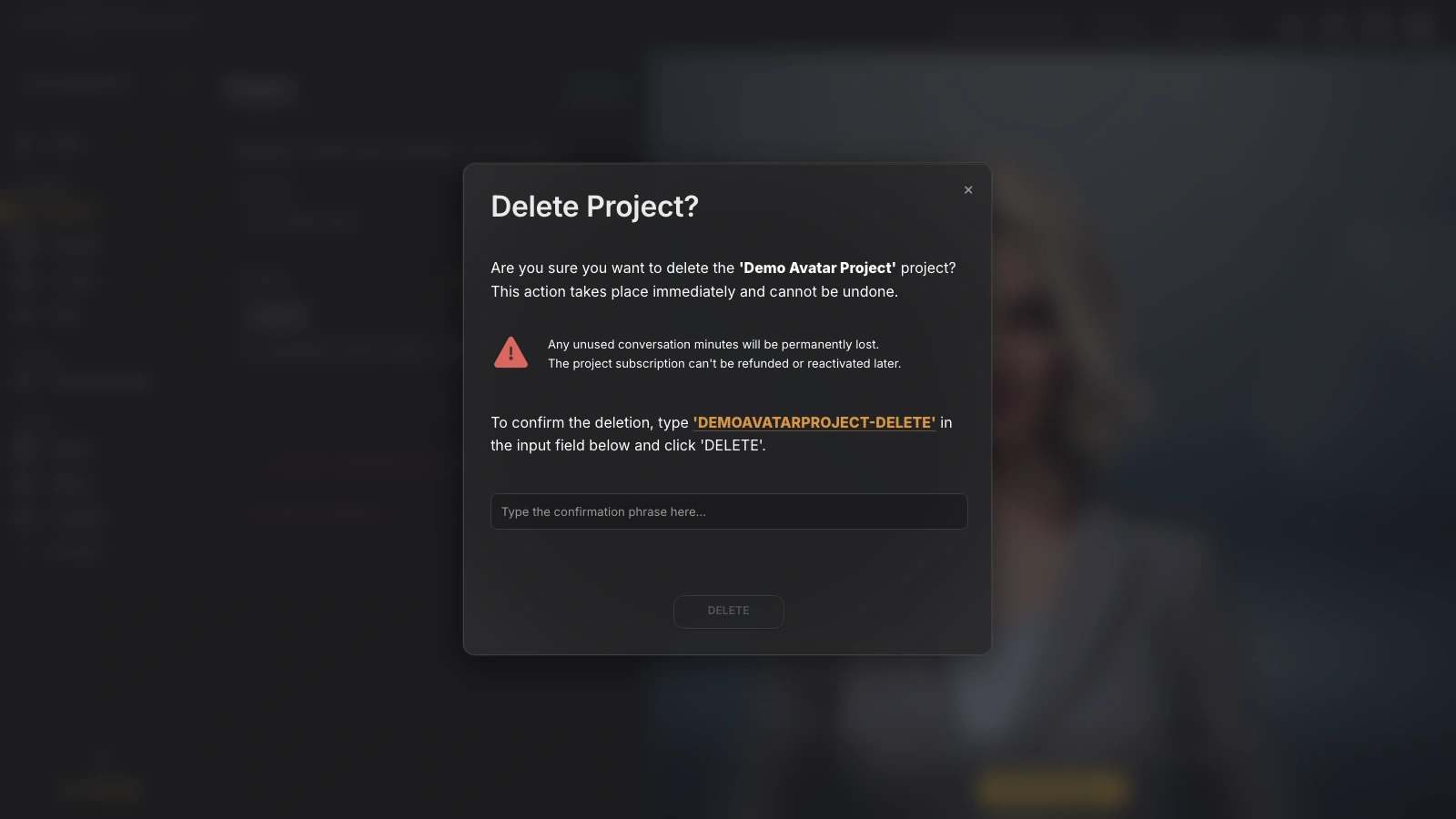 Genesis Studio confirm project deletion form in configuration wizard
