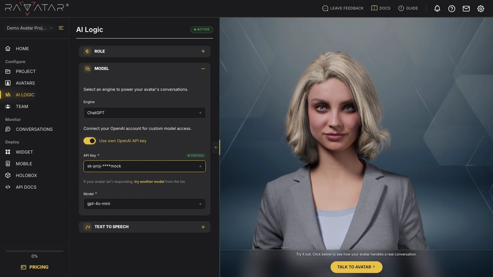 Genesis Studio connect custom GPT model to AI avatar with own OpenAI API key