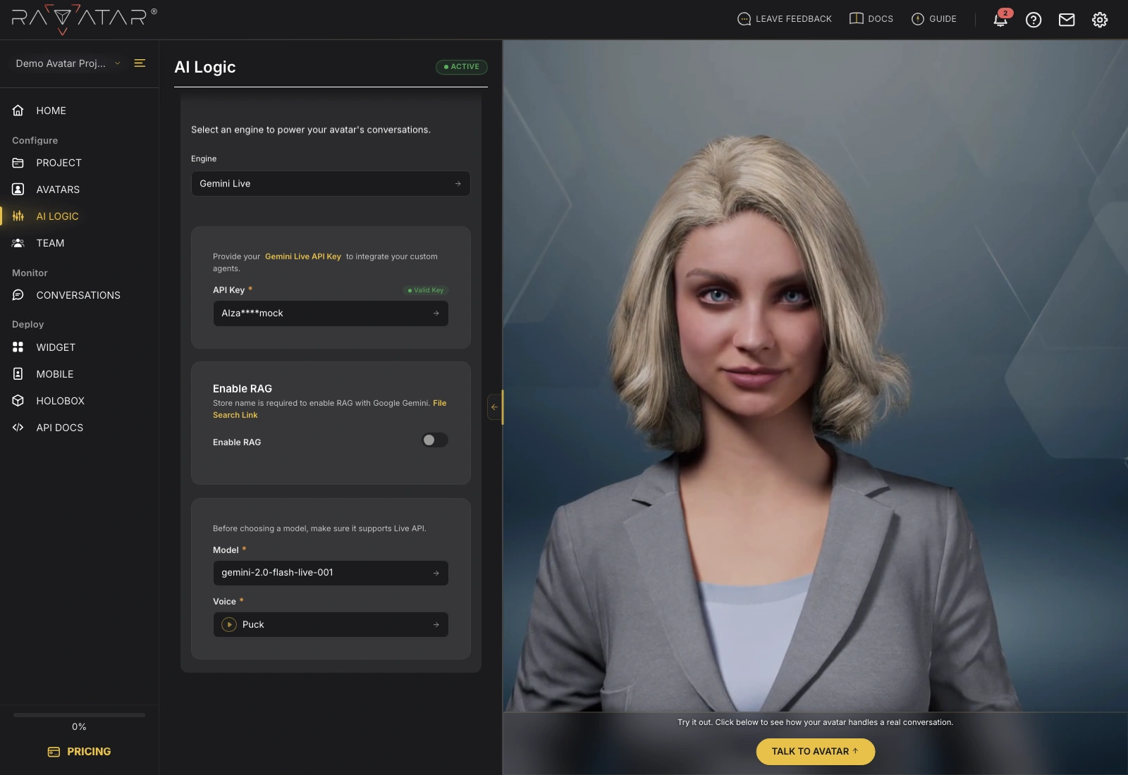 Genesis Studio connect Gemini Live engine with API key, model and voice settings