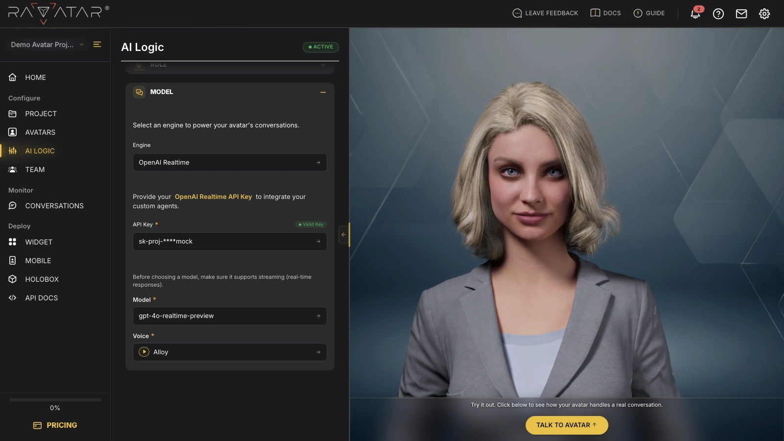 Genesis Studio connect OpenAI Realtime engine with API key, model and voice settings