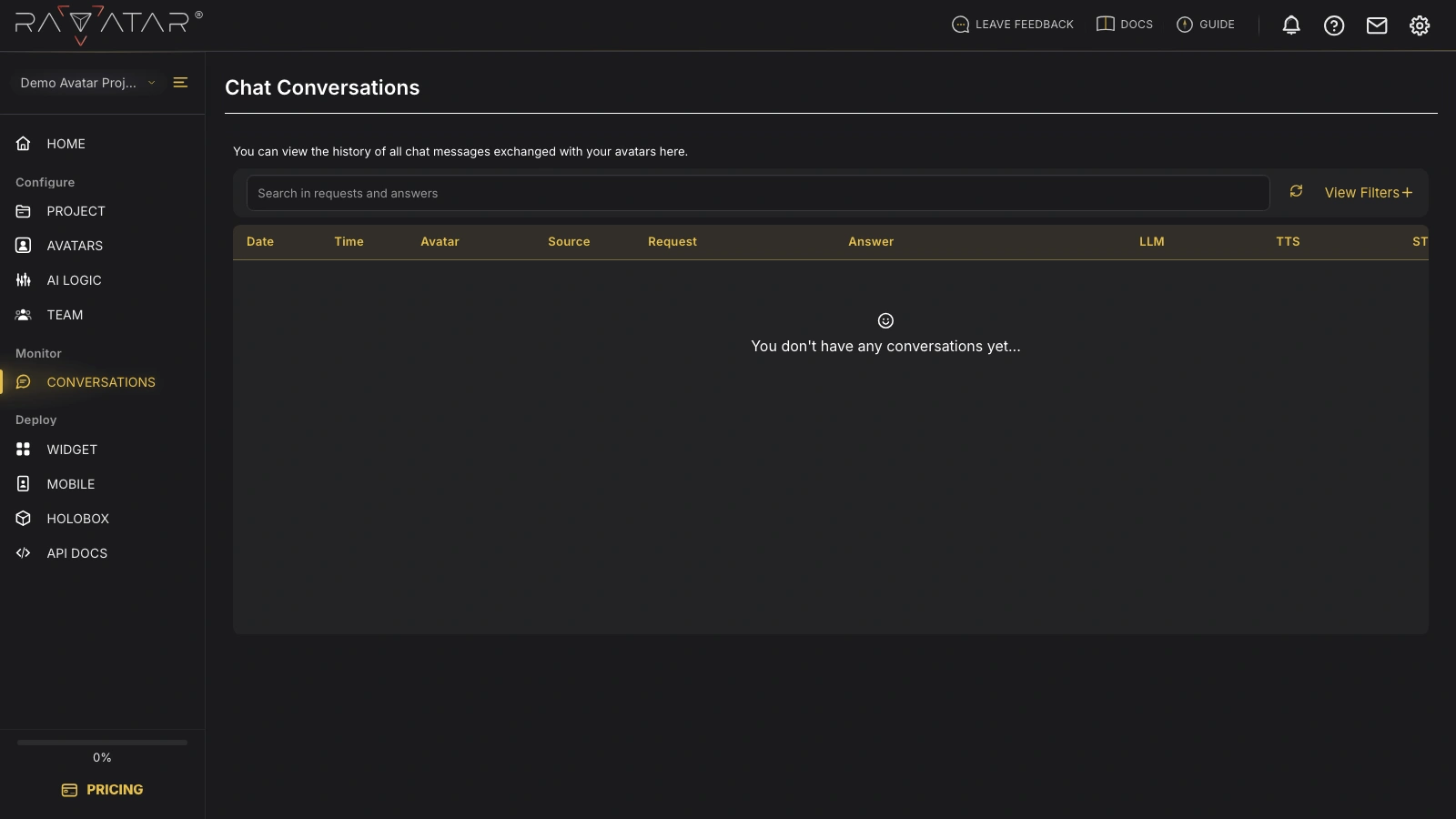 Genesis Studio empty conversation log placeholder shown before any chats happen