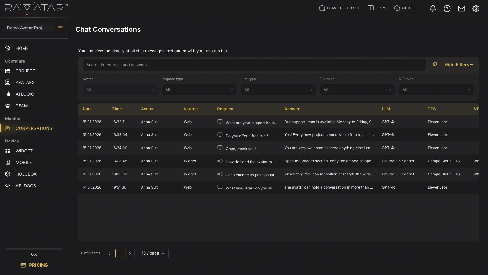 Genesis Studio conversation filters expanded with avatar, request type, and model dropdowns