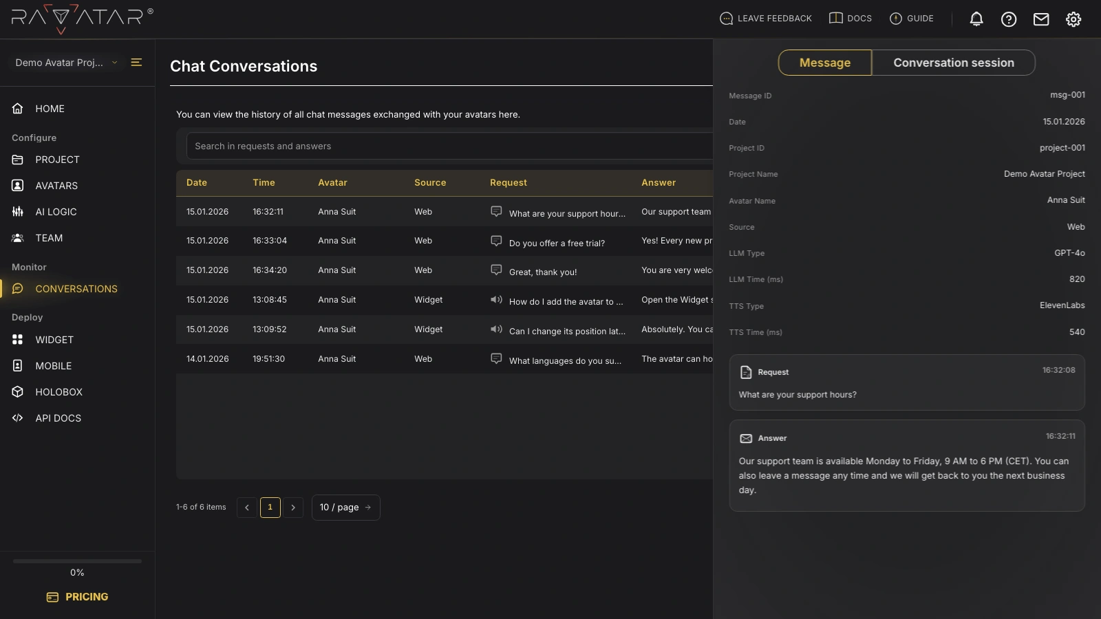 Genesis Studio conversation message details panel with metadata and request and answer cards