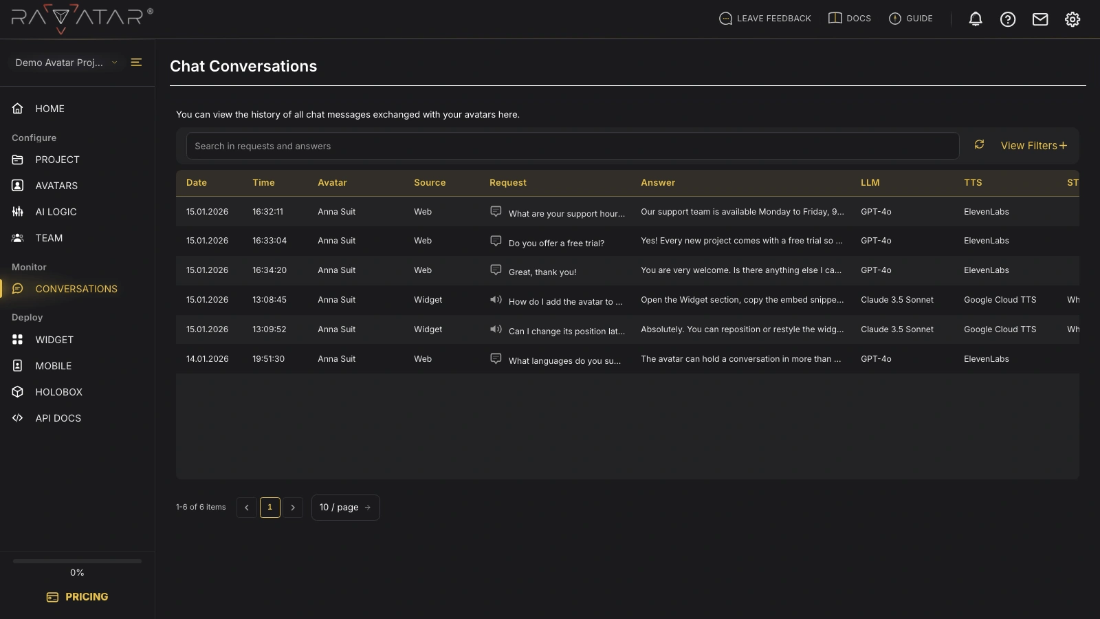 Genesis Studio conversation log listing avatar chat messages with date, source, request, answer, and model columns