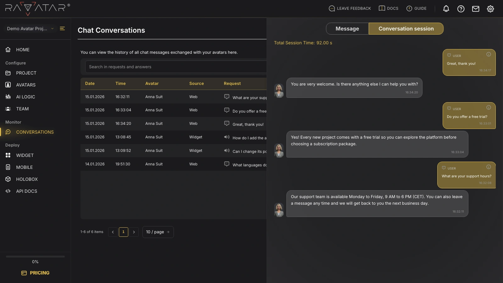 Genesis Studio conversation session tab replaying a full chat thread between a visitor and an avatar
