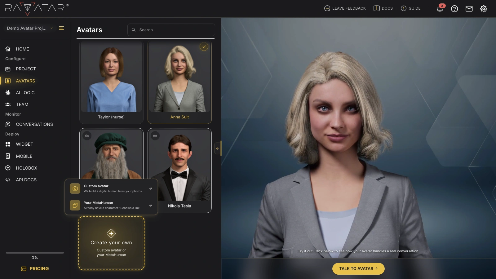 Genesis Studio Create your own tile at the end of the avatars grid with the chooser open on Custom avatar and Your MetaHuman