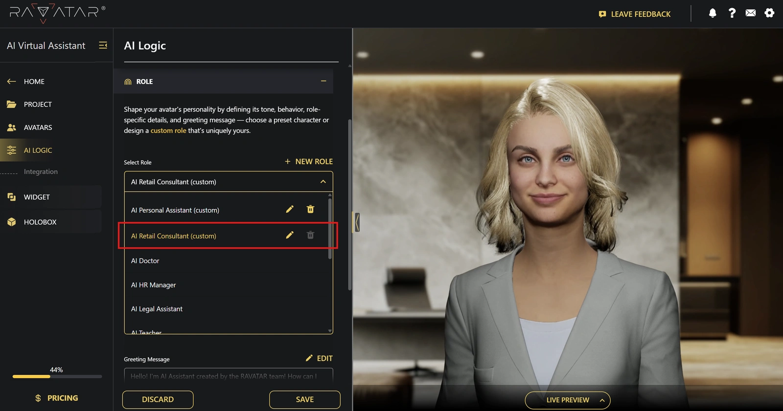 Genesis Studio custom AI avatar role template in configuration wizard