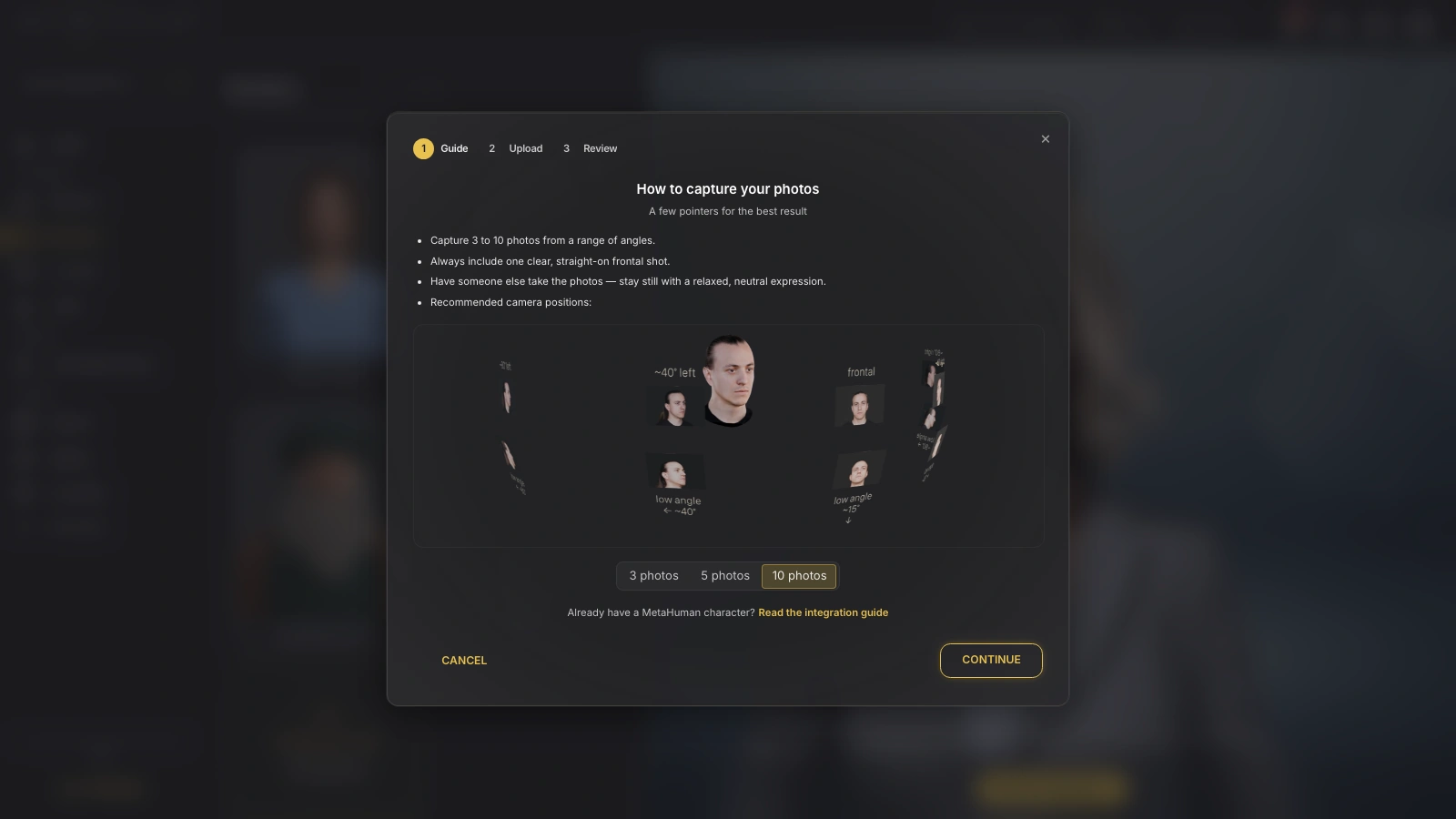 Genesis Studio Custom Avatar wizard Guide step with capture pointers and camera-position render