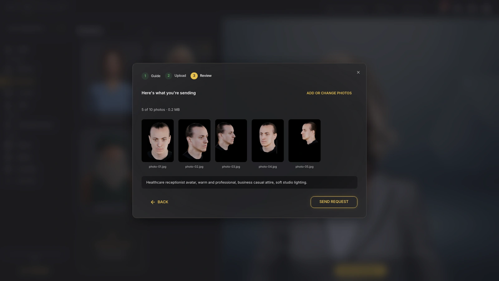 Genesis Studio Custom Avatar wizard Review step with photo thumbnails, summary line and Send request button