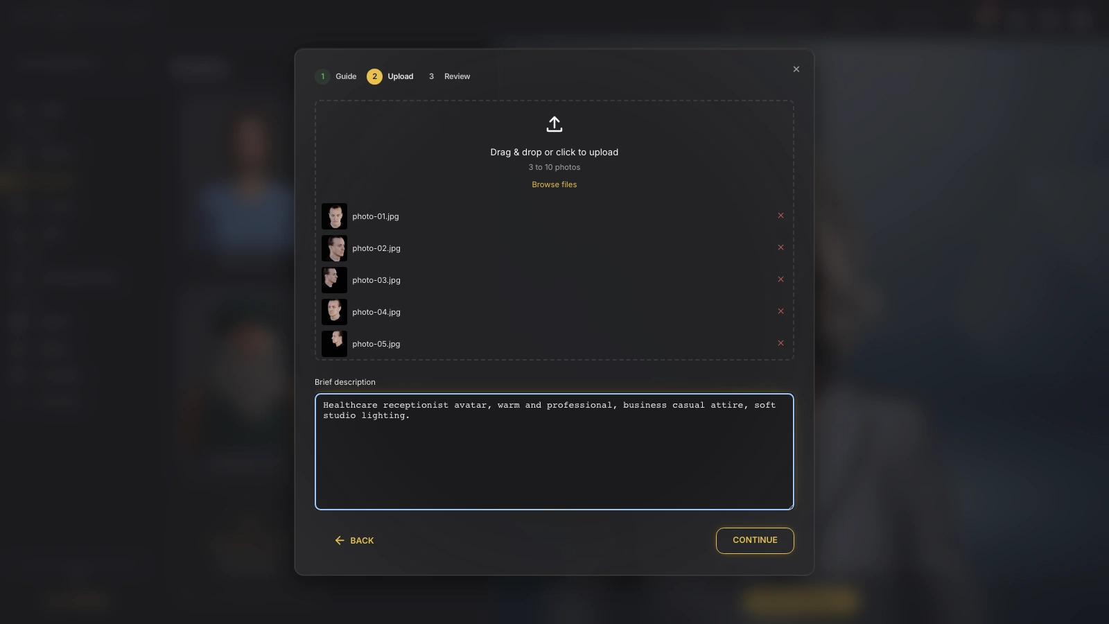 Genesis Studio Custom Avatar wizard Upload step with five staged photo thumbnails and a typed brief description